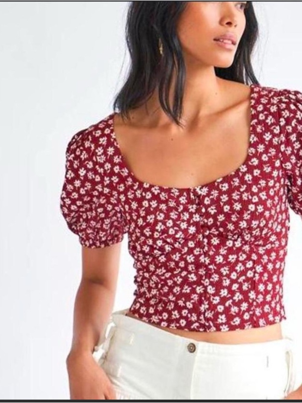 Free People Burgundy Floral Square-Neck Puff Sleeve Crop Top